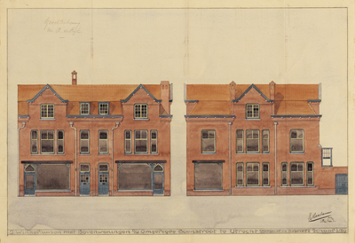 216319 Opstanden van de voorgevel van het ontwerp voor een blok van twee winkels met bovenwoningen (Burgemeester ...